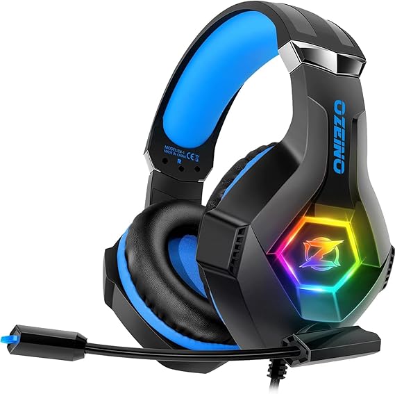 Headset de jogo, auriculares para jogos com microfone rotativo, luz RGB, premium Stereo, orelhas leves confortáveis, para PS4 PS5 Xbox PC Switch tablet portátil