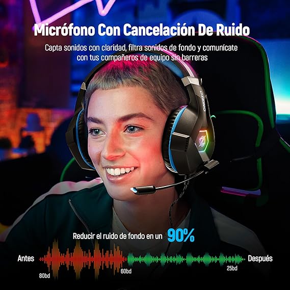 Headset de jogo, auriculares para jogos com microfone rotativo, luz RGB, premium Stereo, orelhas leves confortáveis, para PS4 PS5 Xbox PC Switch tablet portátil